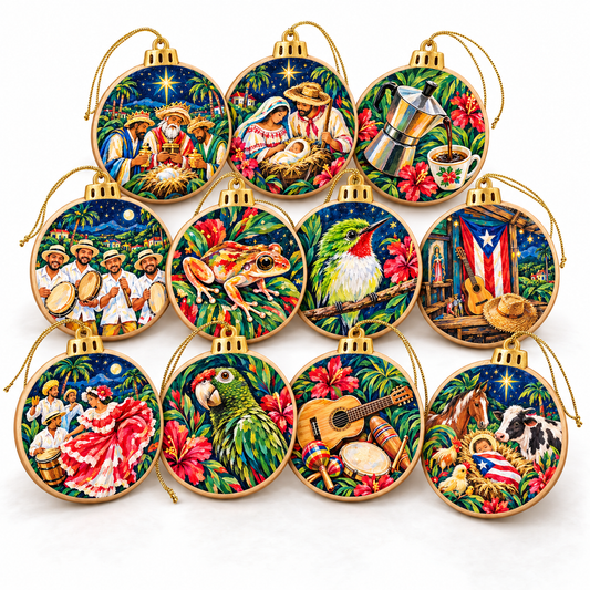 Adornos Navideños Boricuas 12 Pack | Estampas Tradicionales de Puerto Rico