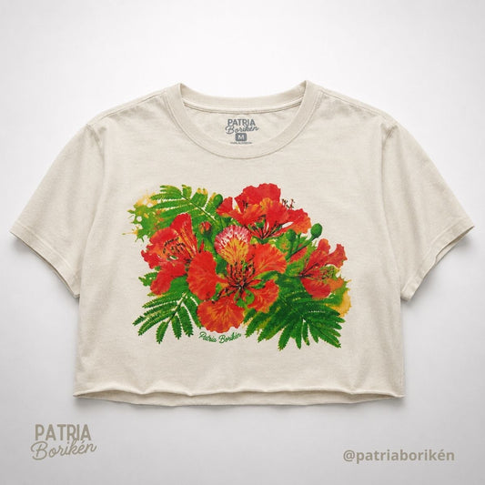 Raw Edge Crop Top T-Shirt Blanco con Diseño de Flor de Flamboyán | Moda Tropical Boricua