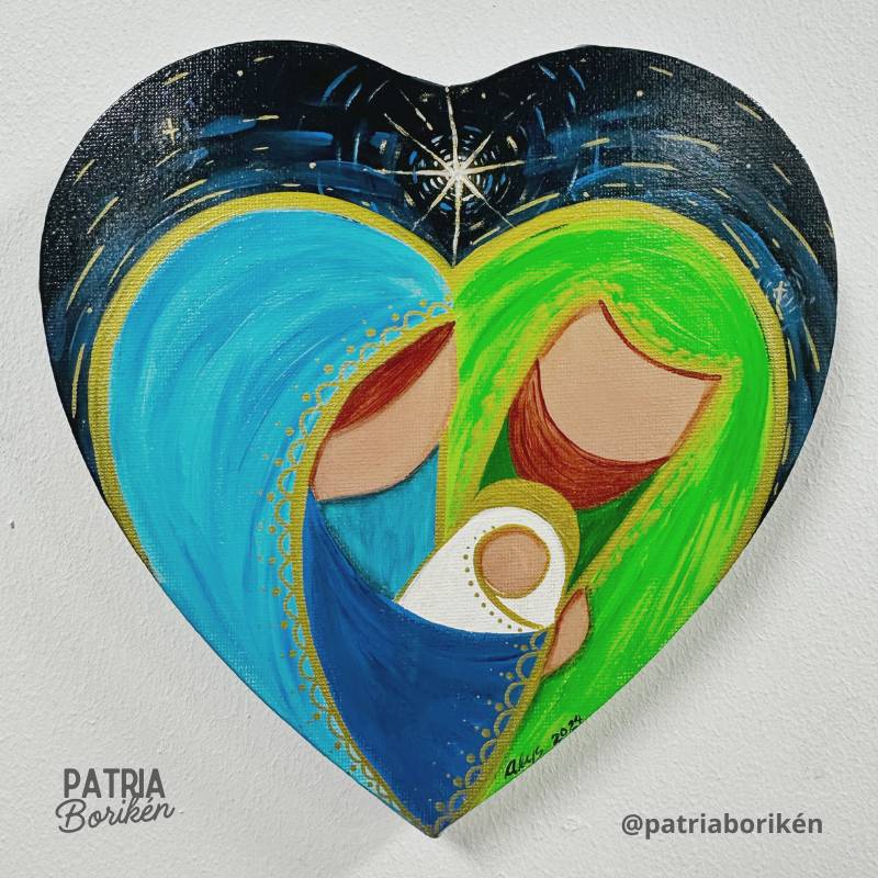 Canvas Corazón Pintado a Mano Nacimiento | Azul y Verde | Arte Tropical Navidad