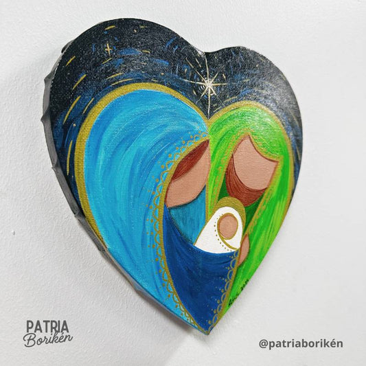 Canvas Corazón Pintado a Mano Nacimiento | Azul y Verde | Arte Tropical Navidad