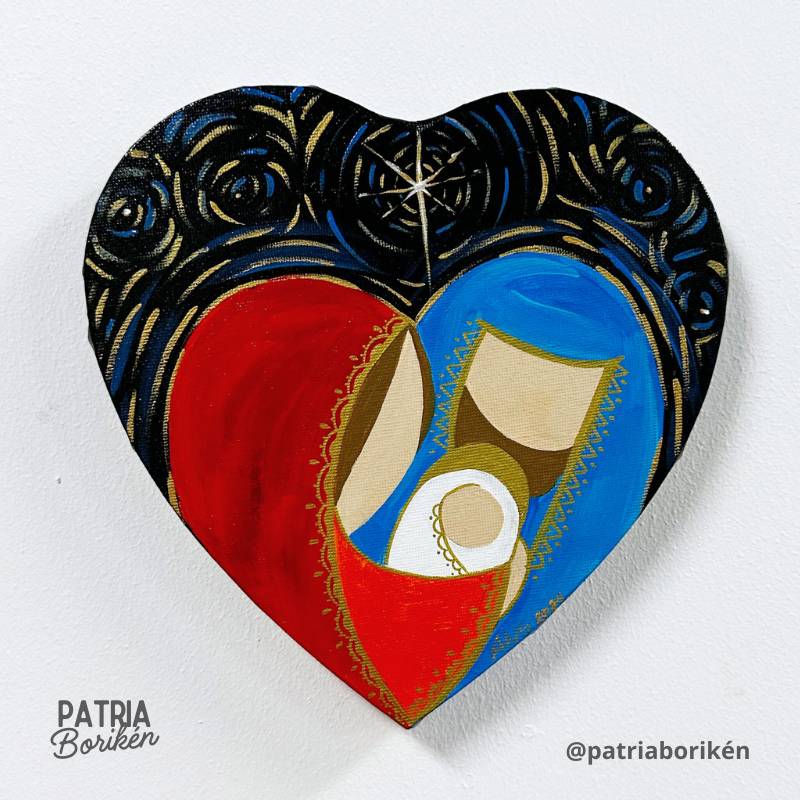 Canvas Corazón Pintado a Mano Nacimiento | Rojo y Azul | Arte Navideño Boricua