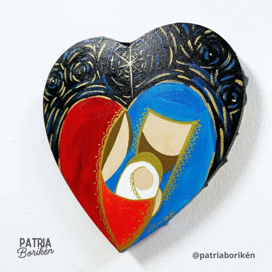 Canvas Corazón Pintado a Mano Nacimiento | Rojo y Azul | Arte Navideño Boricua