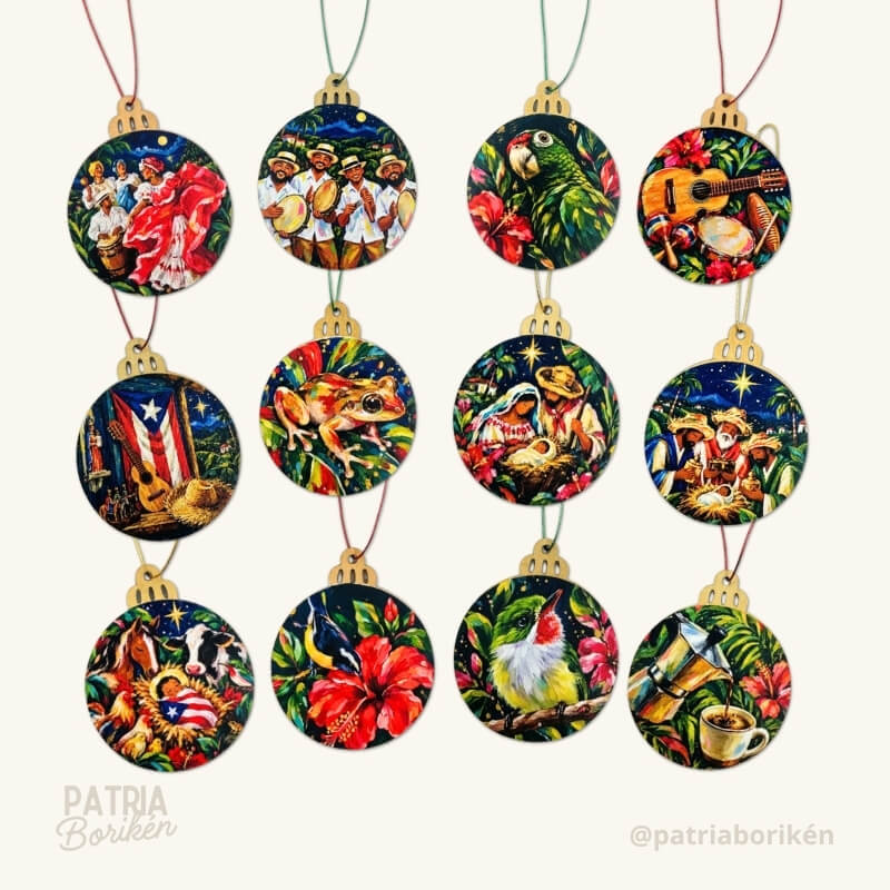 Adornos Navideños Boricuas 12 Pack | Estampas Tradicionales de Puerto Rico