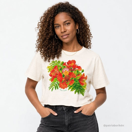 Raw Edge Crop Top T-Shirt Blanco con Diseño de Flor de Flamboyán | Moda Tropical Boricua