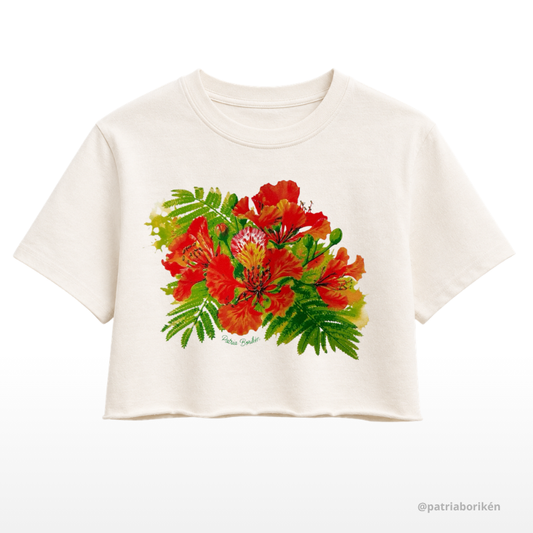 Raw Edge Crop Top T-Shirt Blanco con Diseño de Flor de Flamboyán | Moda Tropical Boricua