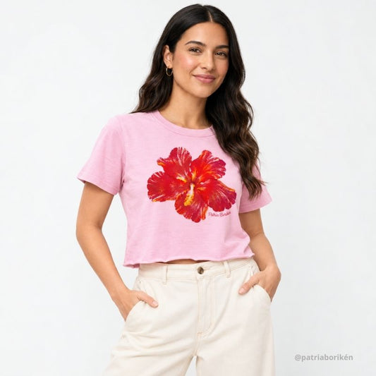 Raw Edge Crop Top Flor de Maga | Flor Nacional de Puerto Rico | Camiseta de Mujer Boricua
