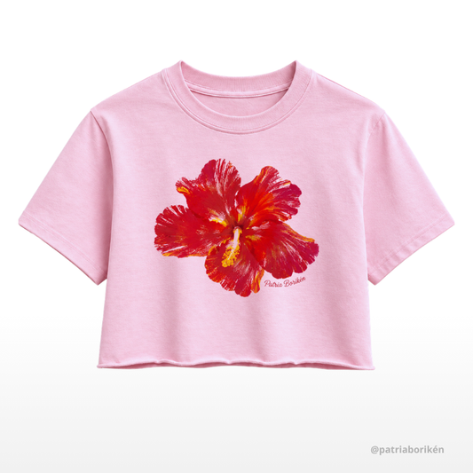 Raw Edge Crop Top Flor de Maga | Flor Nacional de Puerto Rico | Camiseta de Mujer Boricua