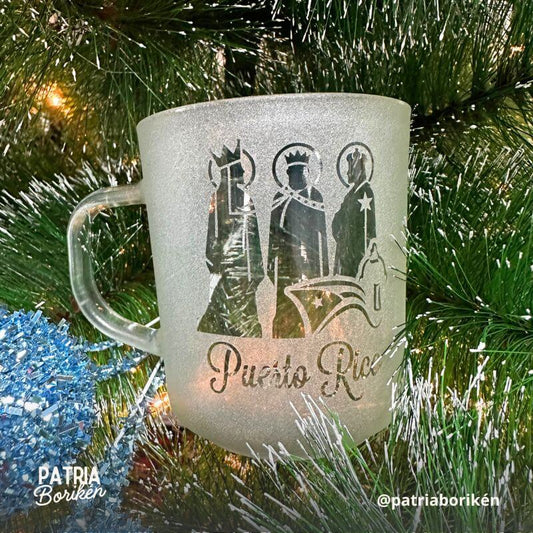 Taza de Cristal Artesanal Reyes Magos | Set de Regalo Navideño Boricua