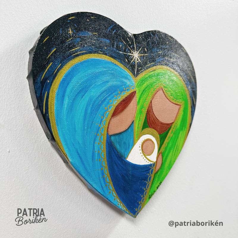 Canvas Corazón Pintado a Mano Nacimiento | Azul y Verde | Arte Tropical Navidad