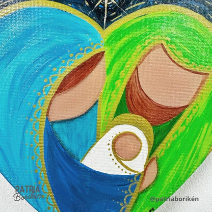 Canvas Corazón Pintado a Mano Nacimiento | Azul y Verde | Arte Tropical Navidad