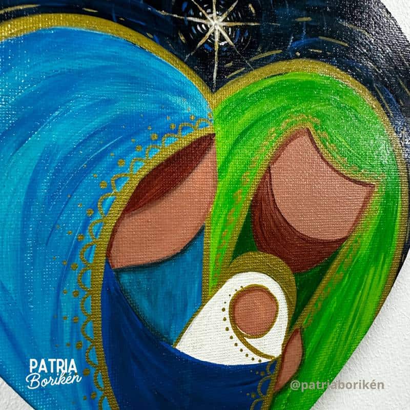 Canvas Corazón Pintado a Mano Nacimiento | Azul y Verde | Arte Tropical Navidad