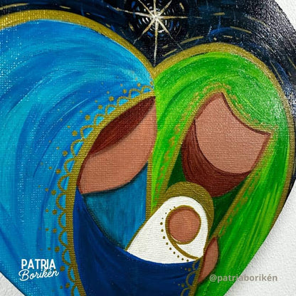 Canvas Corazón Pintado a Mano Nacimiento | Azul y Verde | Arte Tropical Navidad