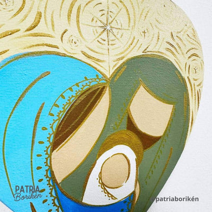 Canvas Corazón Pintado a Mano Nacimiento | Crema y Colores Tierra | Estilo Rústico