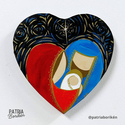 Canvas Corazón Pintado a Mano Nacimiento | Rojo y Azul | Arte Navideño Boricua