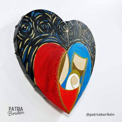 Canvas Corazón Pintado a Mano Nacimiento | Rojo y Azul | Arte Navideño Boricua