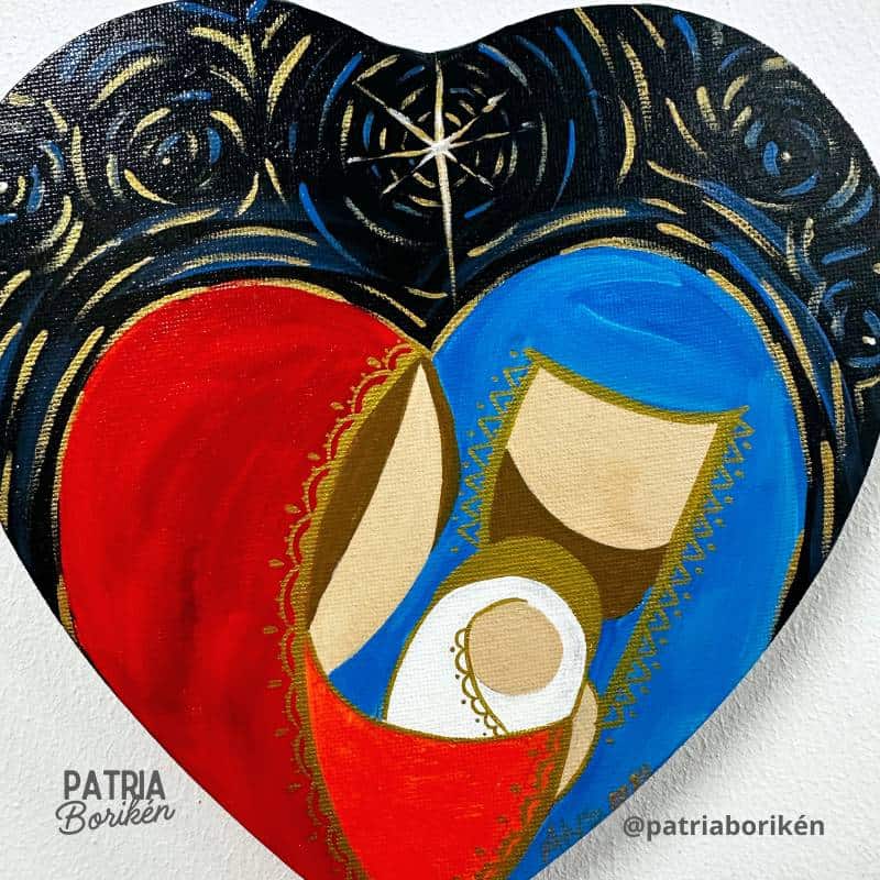 Canvas Corazón Pintado a Mano Nacimiento | Rojo y Azul | Arte Navideño Boricua