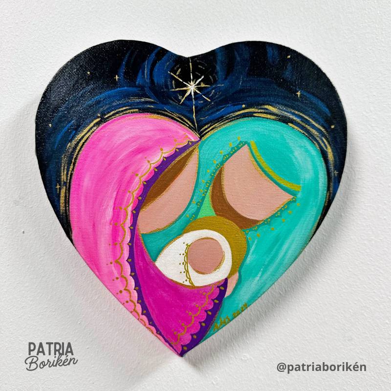 Canvas Corazón Pintado a Mano con Nacimiento | Rosa y Turquesa | Arte Moderno Navidad