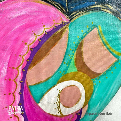 Canvas Corazón Pintado a Mano con Nacimiento | Rosa y Turquesa | Arte Moderno Navidad