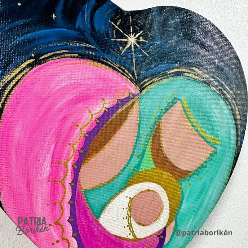 Canvas Corazón Pintado a Mano con Nacimiento | Rosa y Turquesa | Arte Moderno Navidad