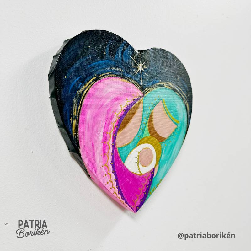 Canvas Corazón Pintado a Mano con Nacimiento | Rosa y Turquesa | Arte Moderno Navidad