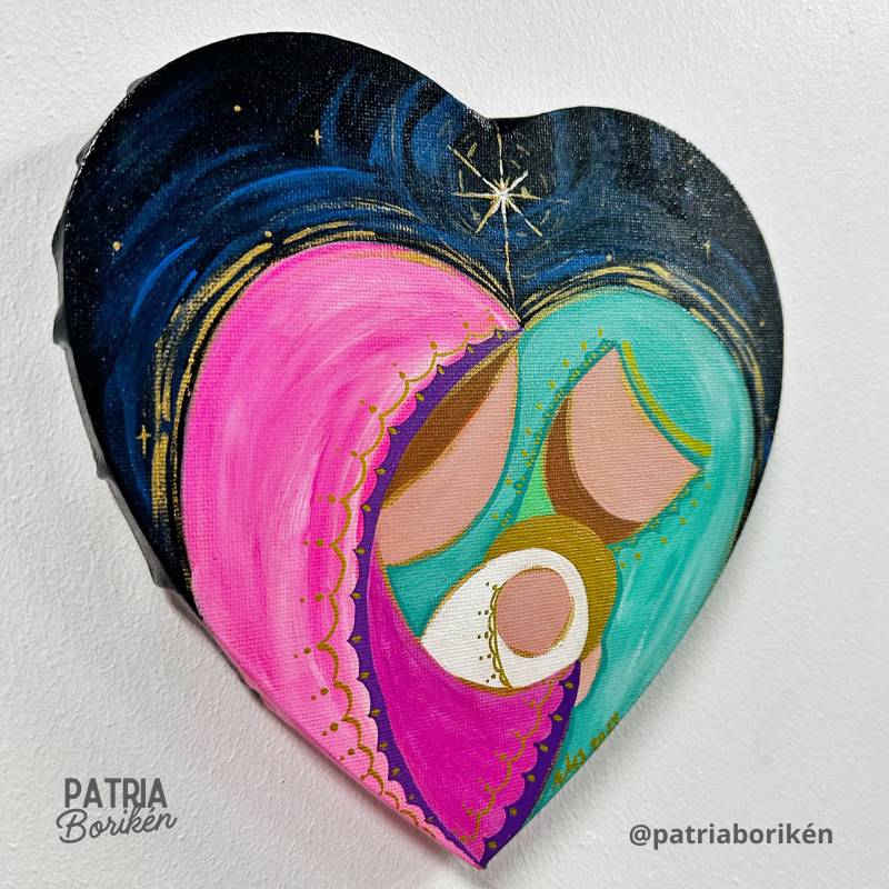 Canvas Corazón Pintado a Mano con Nacimiento | Rosa y Turquesa | Arte Moderno Navidad
